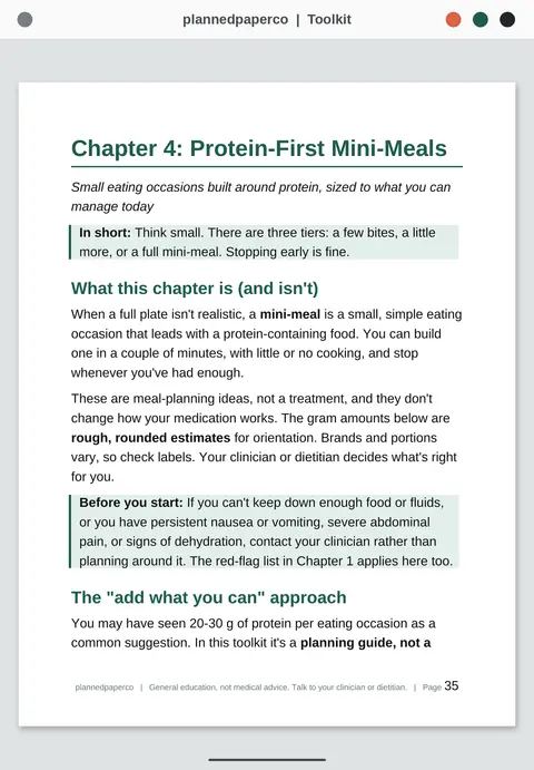 A large-print toolkit of protein-first mini-meals, swaps, trackers and fridge cards for small appetites. Printable and iPad-friendly. Instant download.