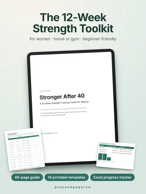 Strength Training Plan for Women Over 40, 12 Week Workout Program, Printable Workout Log and Excel Tracker, Home or Gym