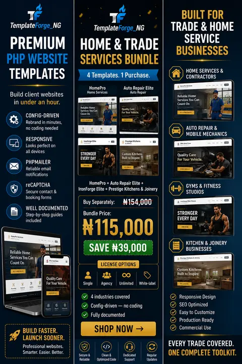 Home & Trade Services PHP Template Bundle — HomePro, Auto Repair Elite, IronForge Elite & Prestige Kitchens & Joinery