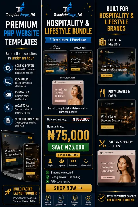 Hospitality & Lifestyle PHP Template Bundle — Hotel, Restaurant & Salon Templates