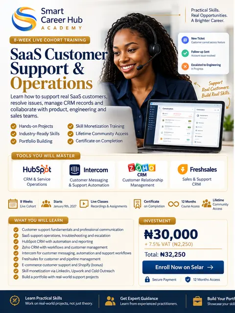 SaaS Customer Support Operations.  Become confident Supporting Software Product customers, resolving issues and operating modern CRM and support systems.
