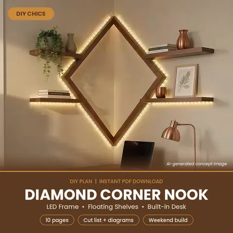 Diamond Corner Nook DIY Plan: LED Frame, Floating Shelves & Desk